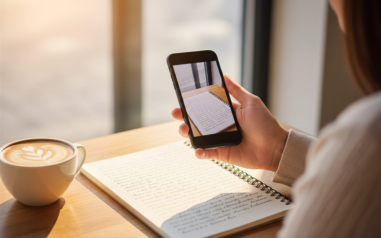 A hand holds a phone above a filled notebook page in a cafe while the app captures the scan and files it to the cloud.