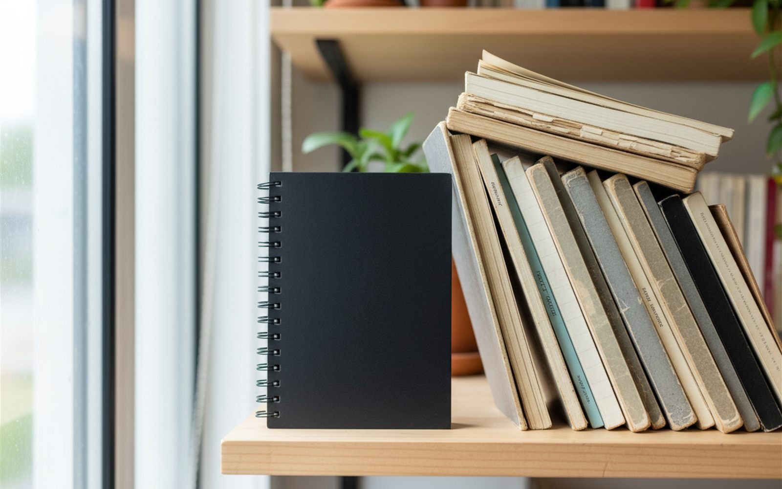 One slim reusable notebook sits beside a teetering stack of used spiral notebooks it replaced on a home office shelf.