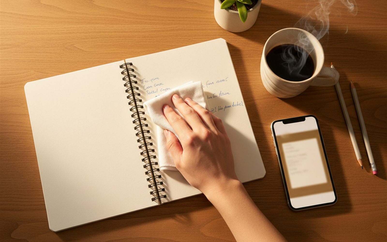 A hand wipes a written page completely blank while the phone beside it shows the saved copy.