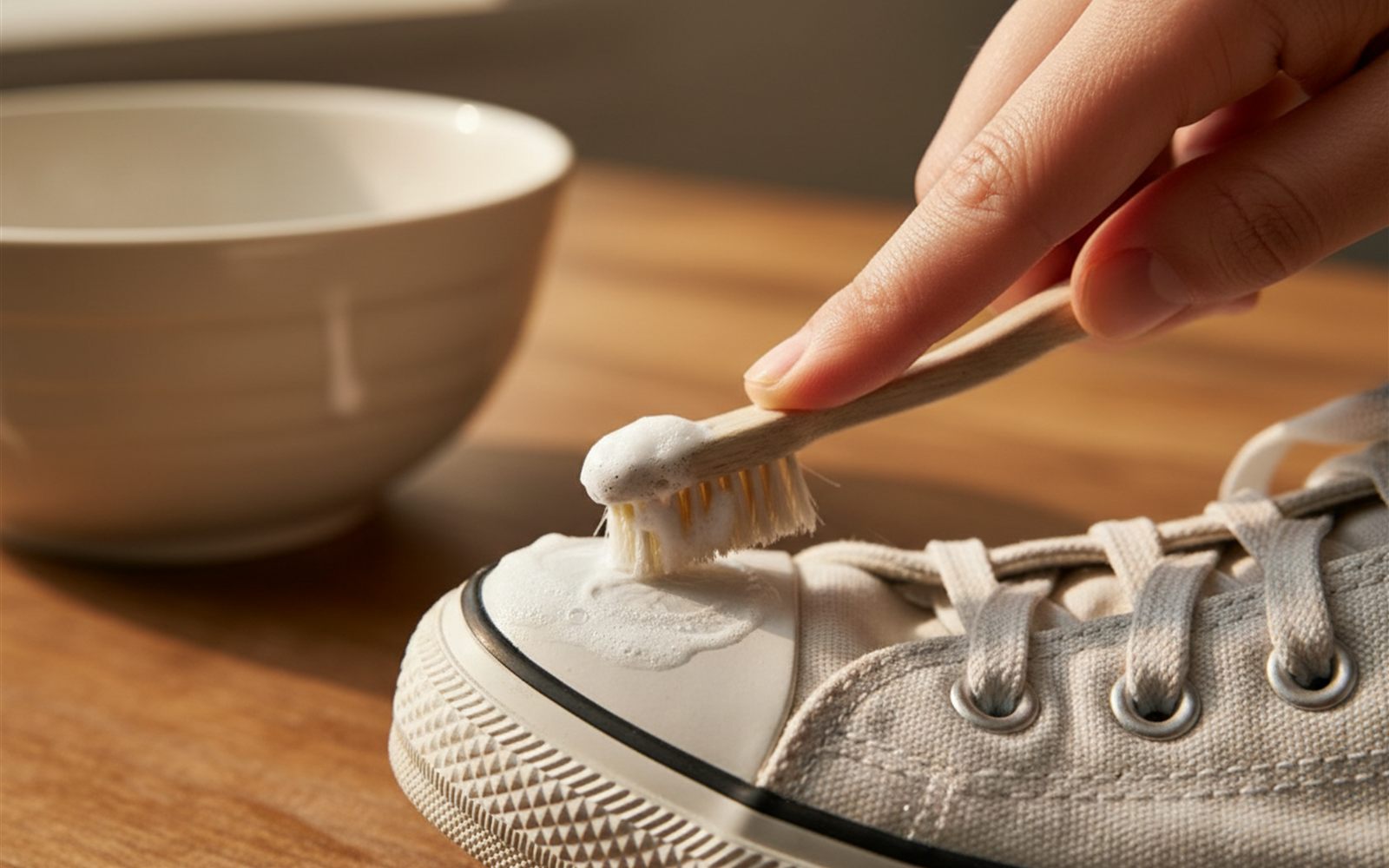 An old toothbrush works white paste into the grubby toe cap of a canvas sneaker in small circles