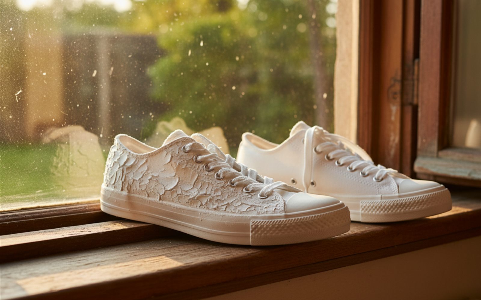 White canvas sneakers coated in cleaning paste sit brightening in the afternoon sun.