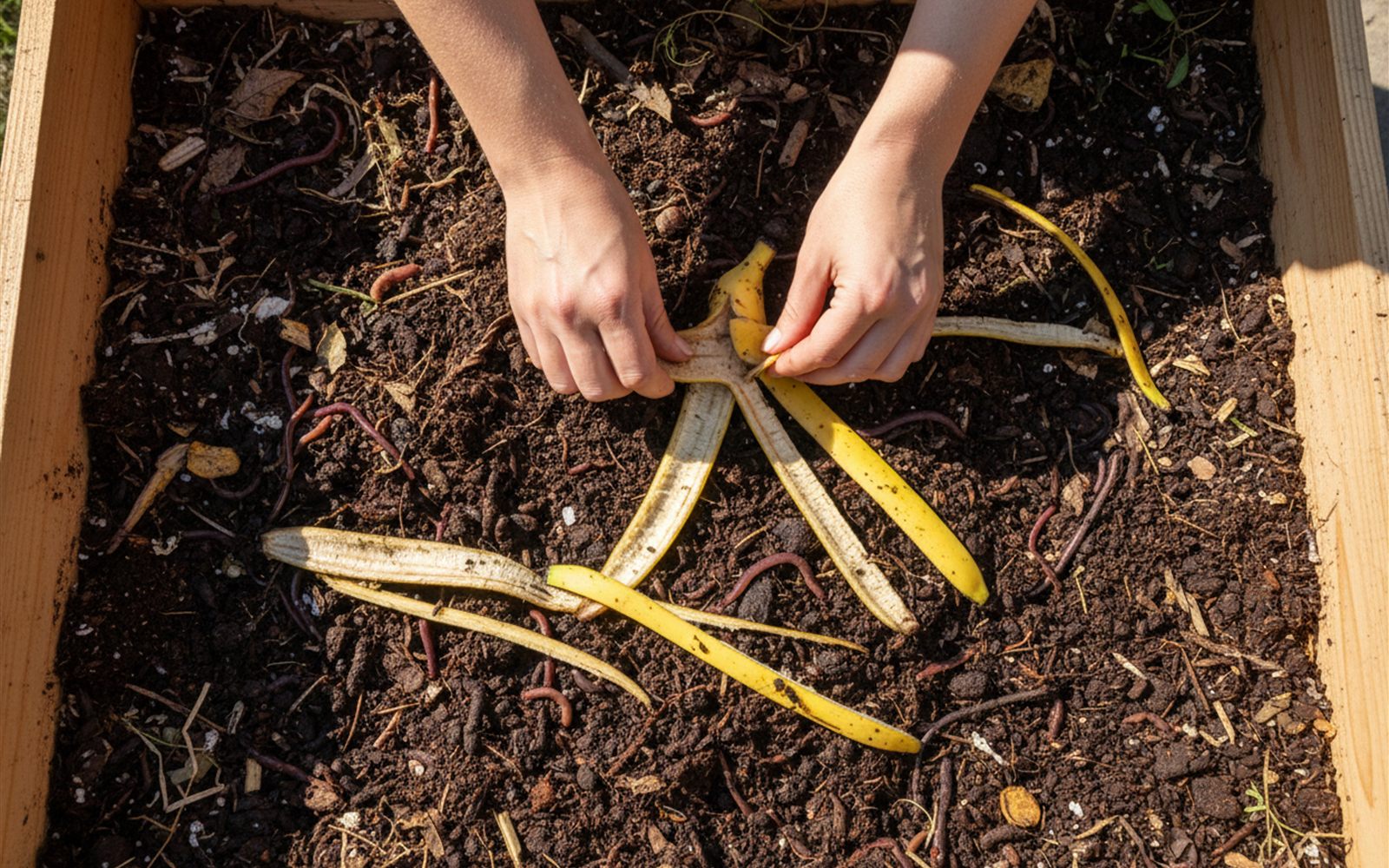 Banana peels torn into strips being layered into a worm bin, where the potassium actually becomes plant food.