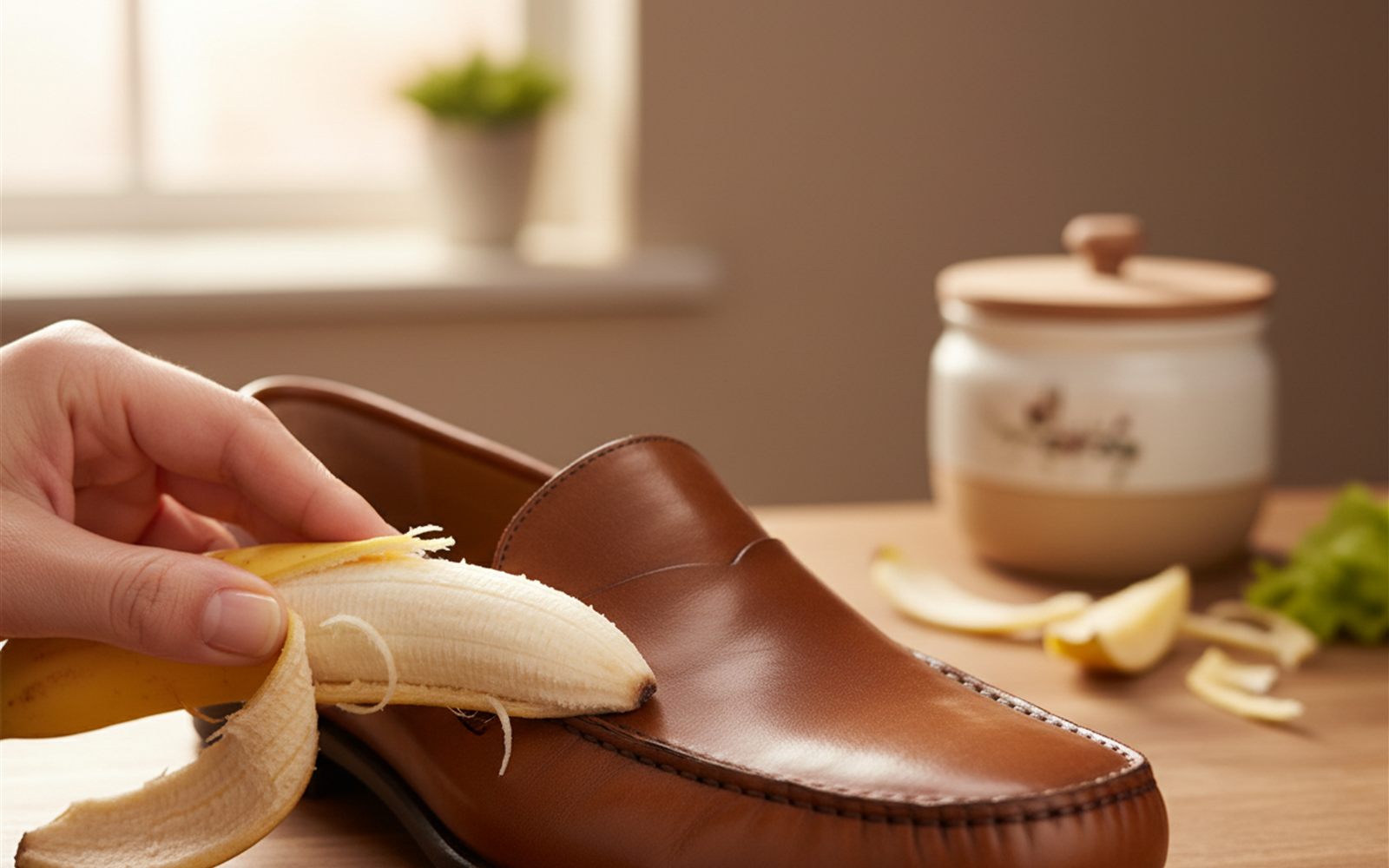 A hand buffing a leather shoe to a soft shine with the inside of a fresh banana peel.