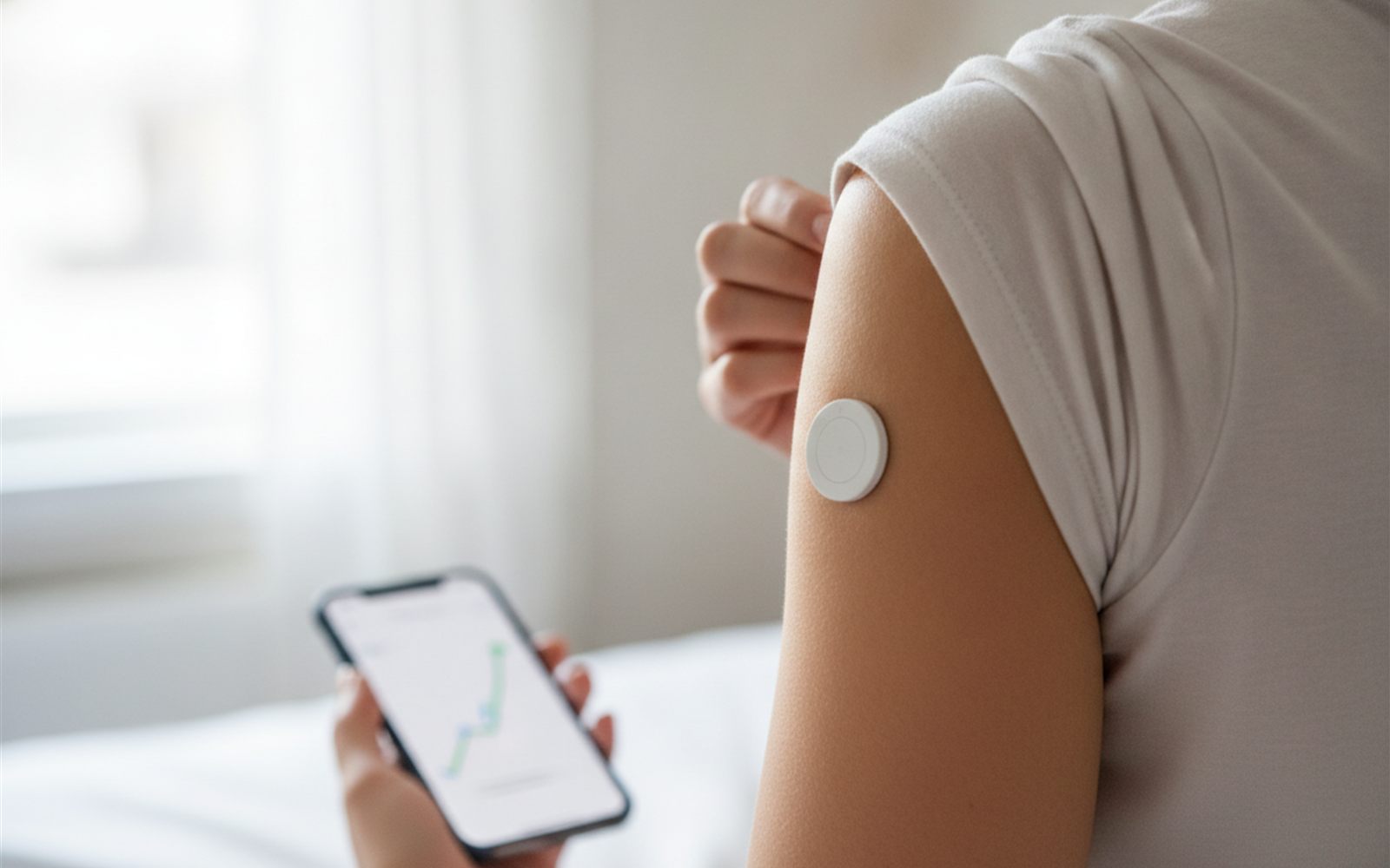 A small white sensor on the back of an upper arm as a hand lifts a shirt sleeve to check the phone screen beside it