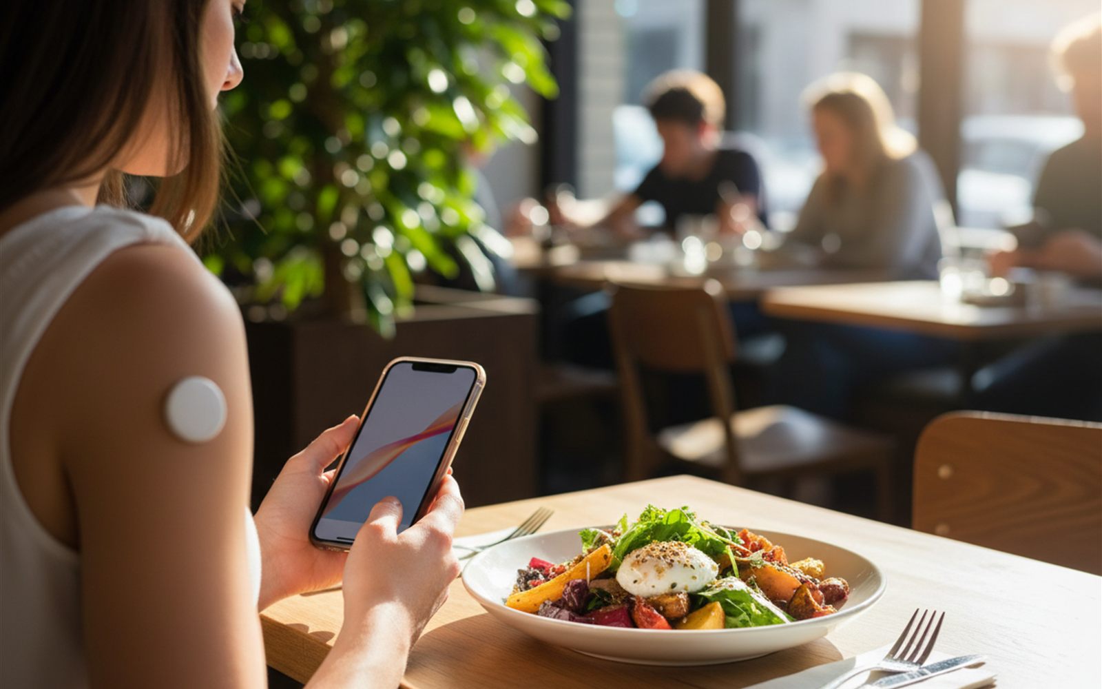 A woman glances at her phone at a cafe table as a small white sensor on her upper arm tracks her lunch.