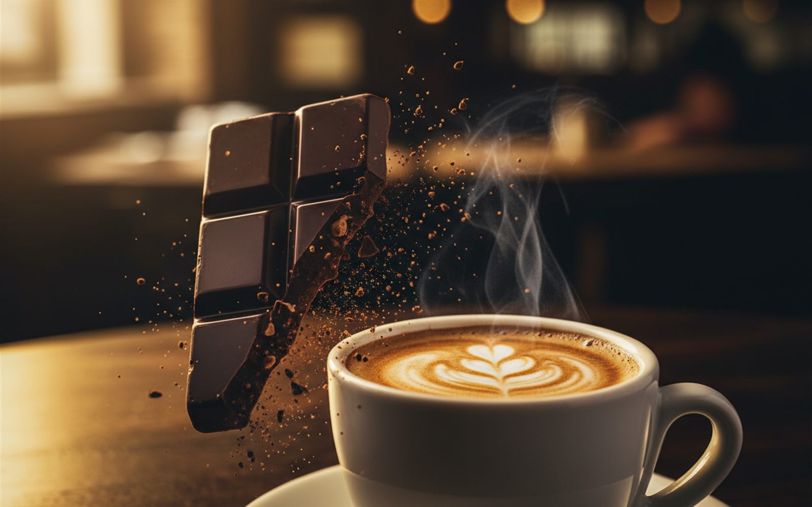 A snapped chocolate bar and a fresh espresso side by side, neither one made from cocoa or coffee beans.