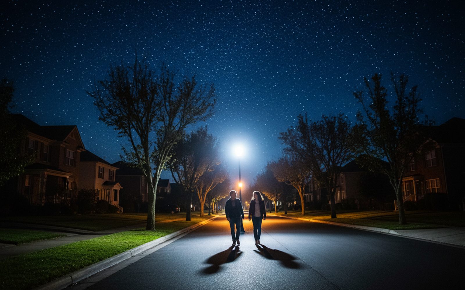A quiet residential street at night where the streetlight ahead of a walking couple brightens while the ones behind them fade.