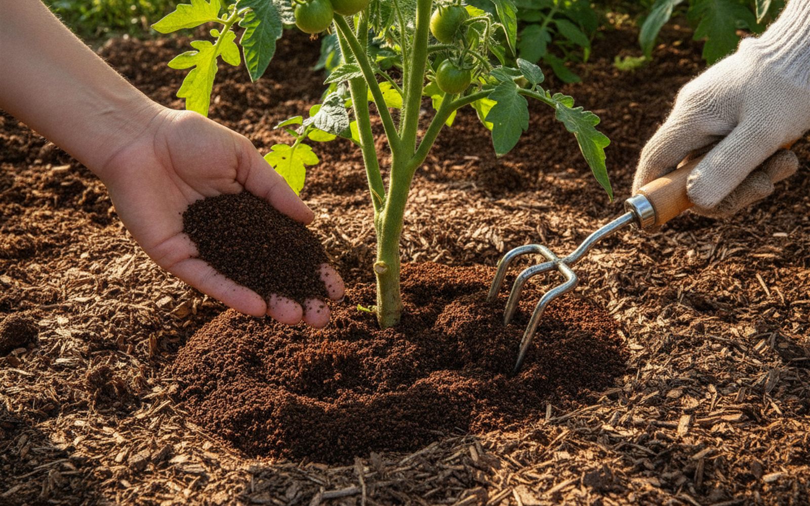 A thin ring of used coffee grounds being scratched into the soil around a tomato stem with a hand cultivator.