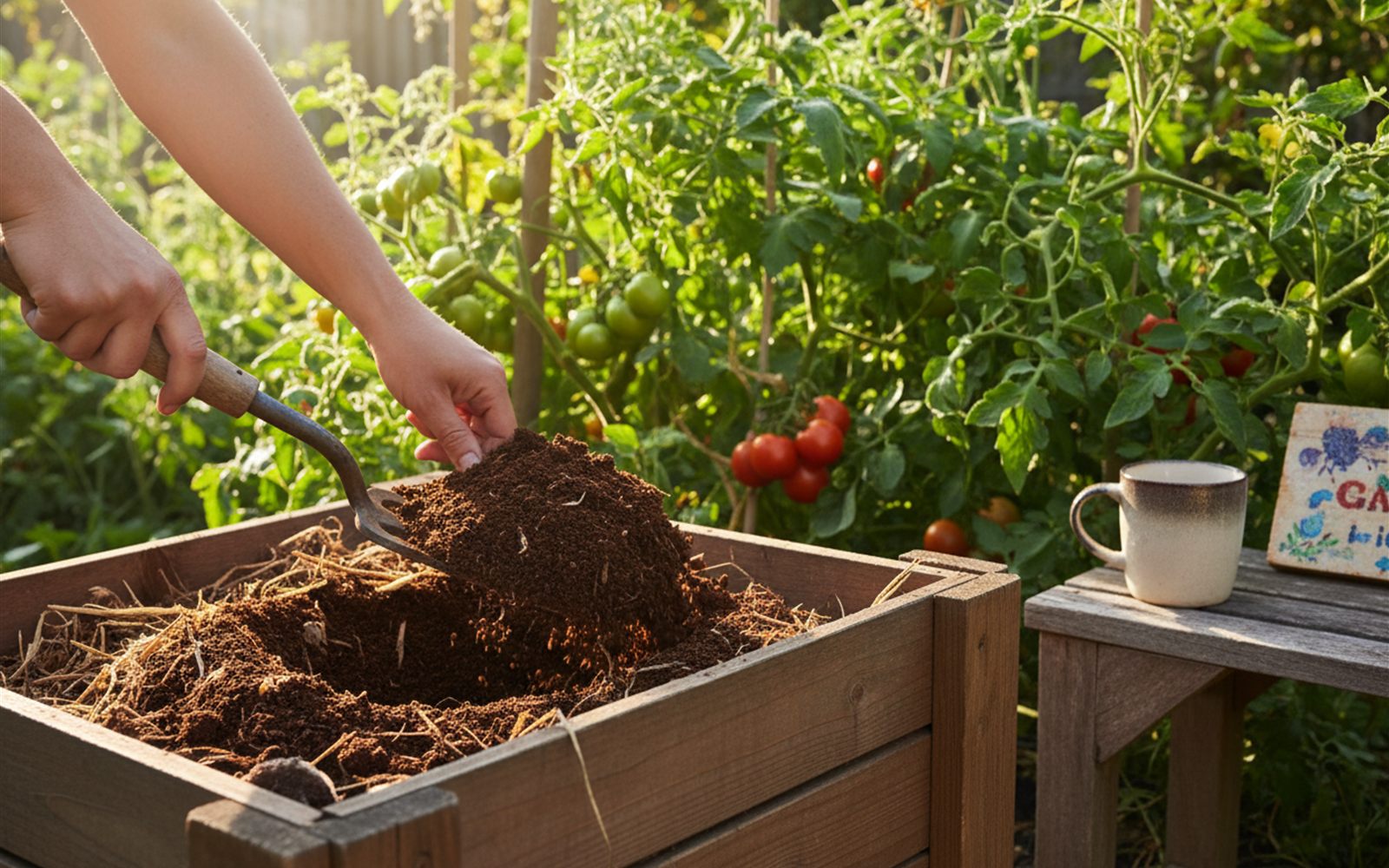 A gardener stirring dark used coffee grounds into a compost bin beside a thriving vegetable bed.