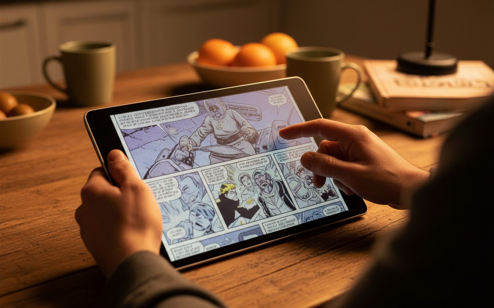 A close over the shoulder view of a color comic page on an electronic paper screen as a thumb turns the page