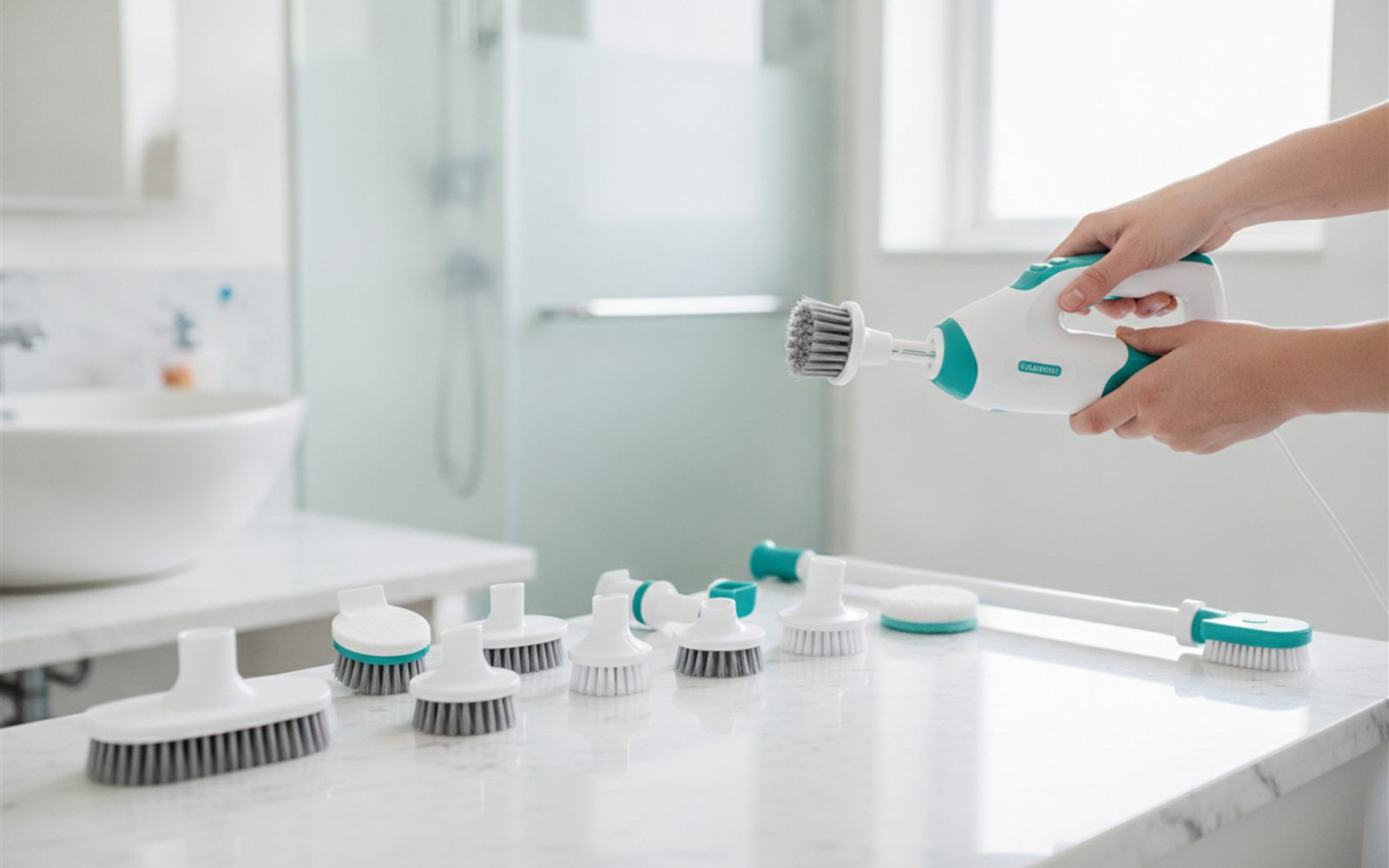 Hands click a corner brush head onto the scrubber over a rack of seven differently shaped attachments on the bathroom counter.