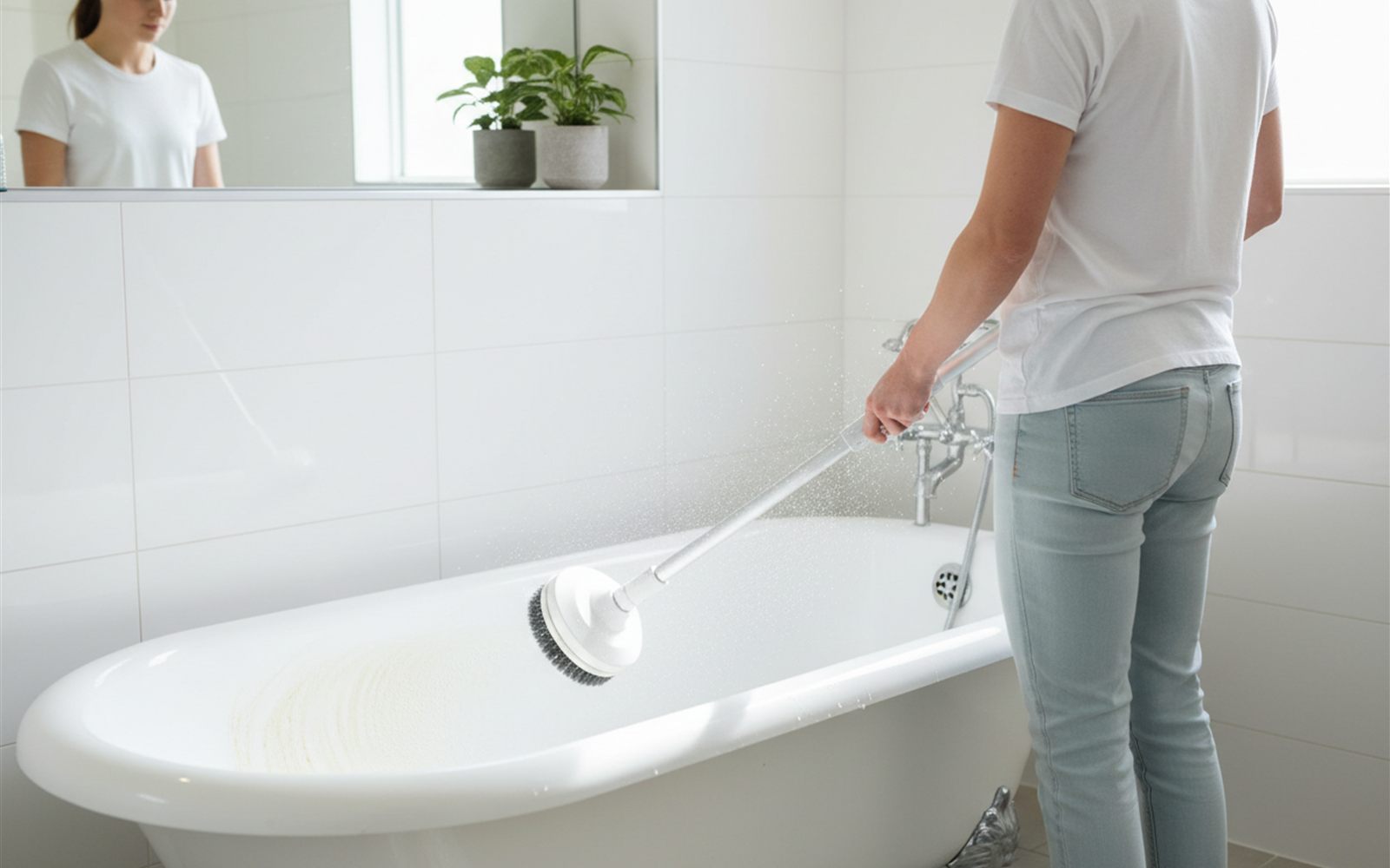 The spinning brush head lifts a bright clean stripe across a grimy bathtub while the cleaner stands upright.