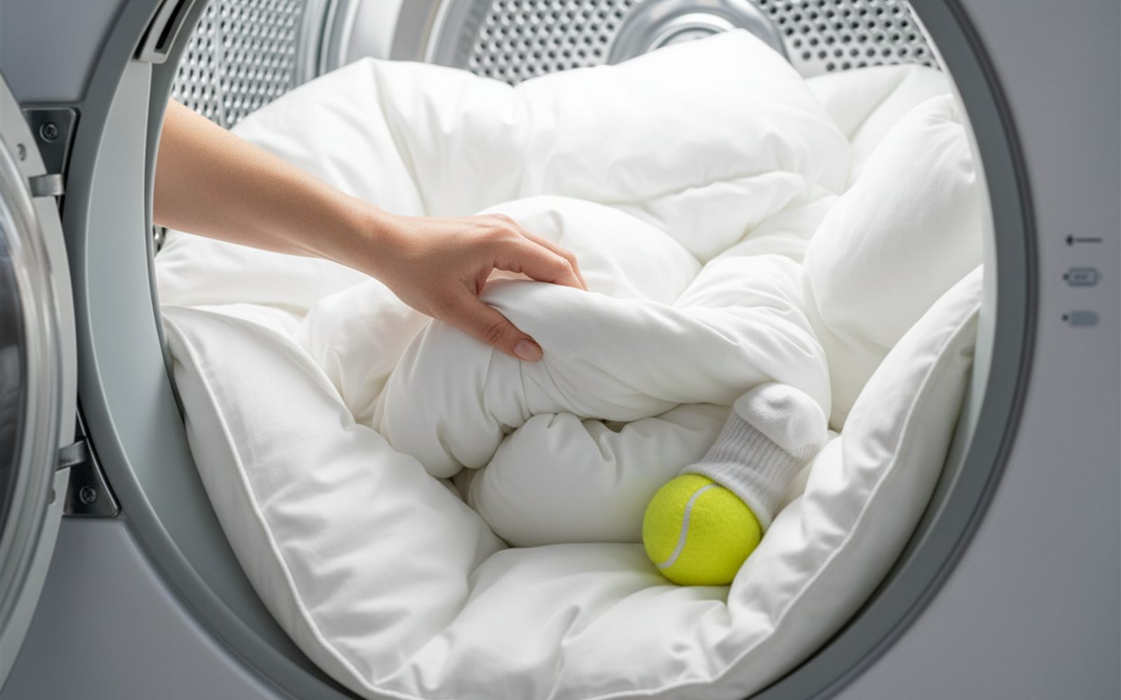 A hand breaks apart a damp clump of down inside a half dried comforter between dryer cycles