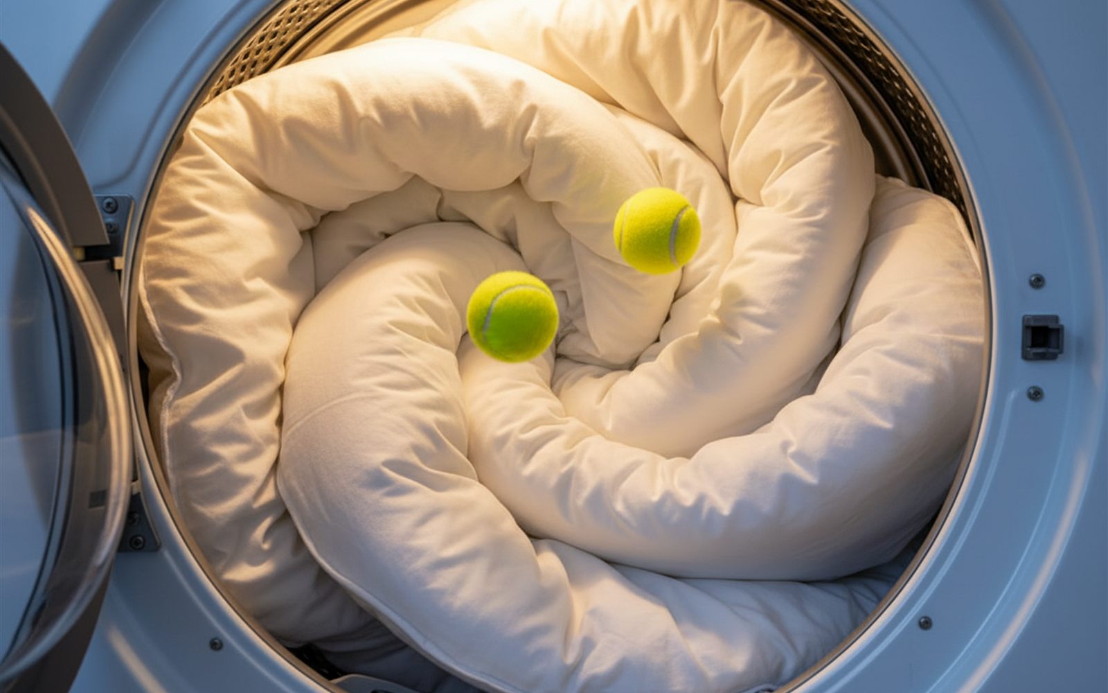 Tennis balls tumble with a fluffy white comforter inside a dryer drum mid cycle.