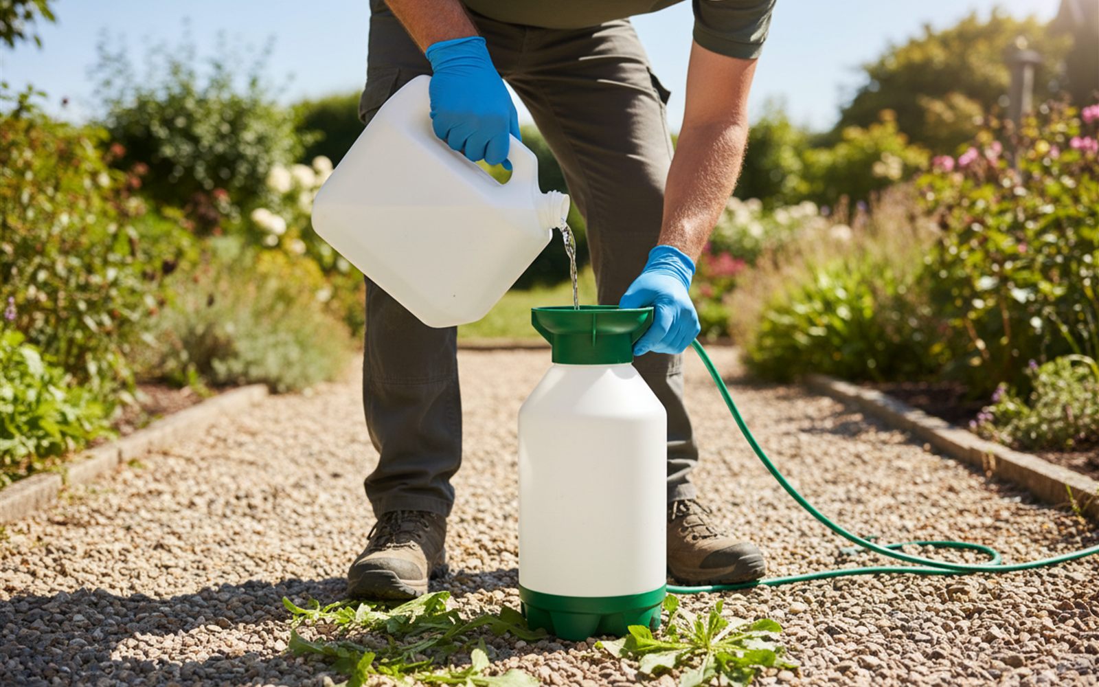 A gardener in gloves and safety goggles filling a pump sprayer with horticultural vinegar beside a weedy gravel path.