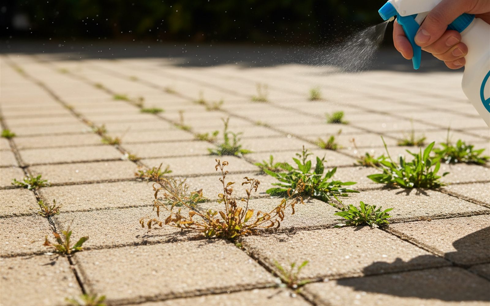 A spray bottle misting vinegar onto young weeds wilting between sunny patio pavers.