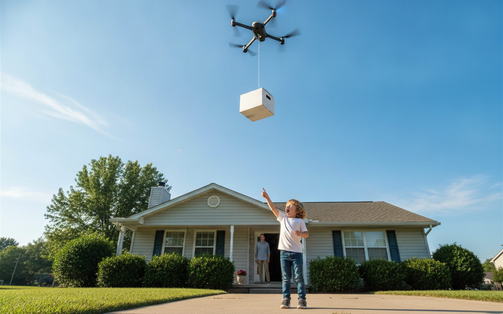 A grocery box descends on a thin tether from a hovering drone toward a driveway while a kid points up from the porch