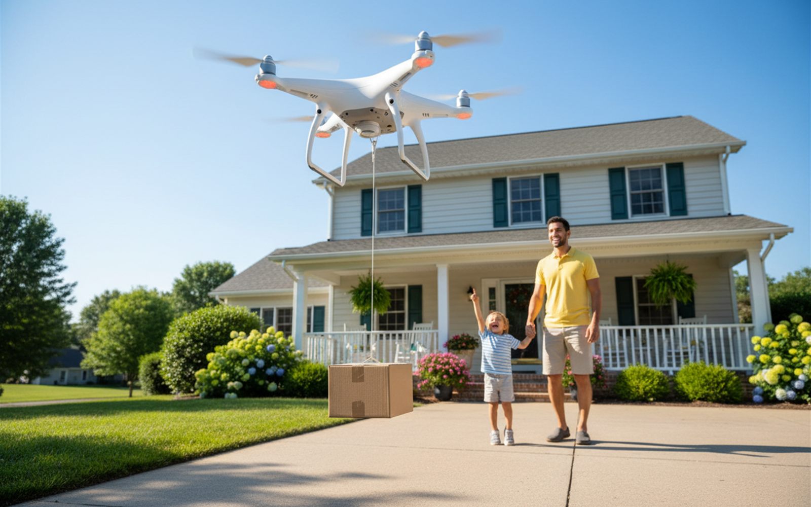 A delivery drone lowers a small package to a driveway as the family watches from the porch.