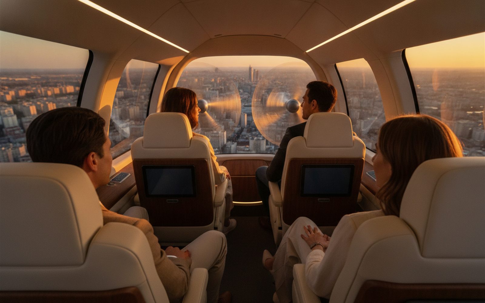 Four passengers settle into leather window seats as an electric air taxi spins up its rotors beyond the glass