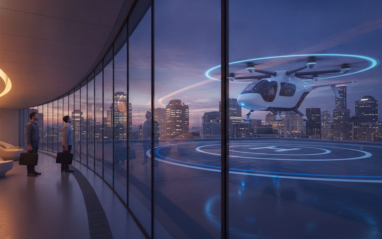 An electric air taxi descends toward a rooftop vertiport while commuters watch from a glass walled lounge