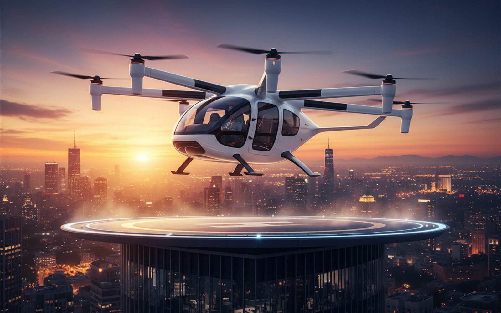 A sleek electric aircraft lifts off a rooftop pad above a glittering city skyline at dusk.