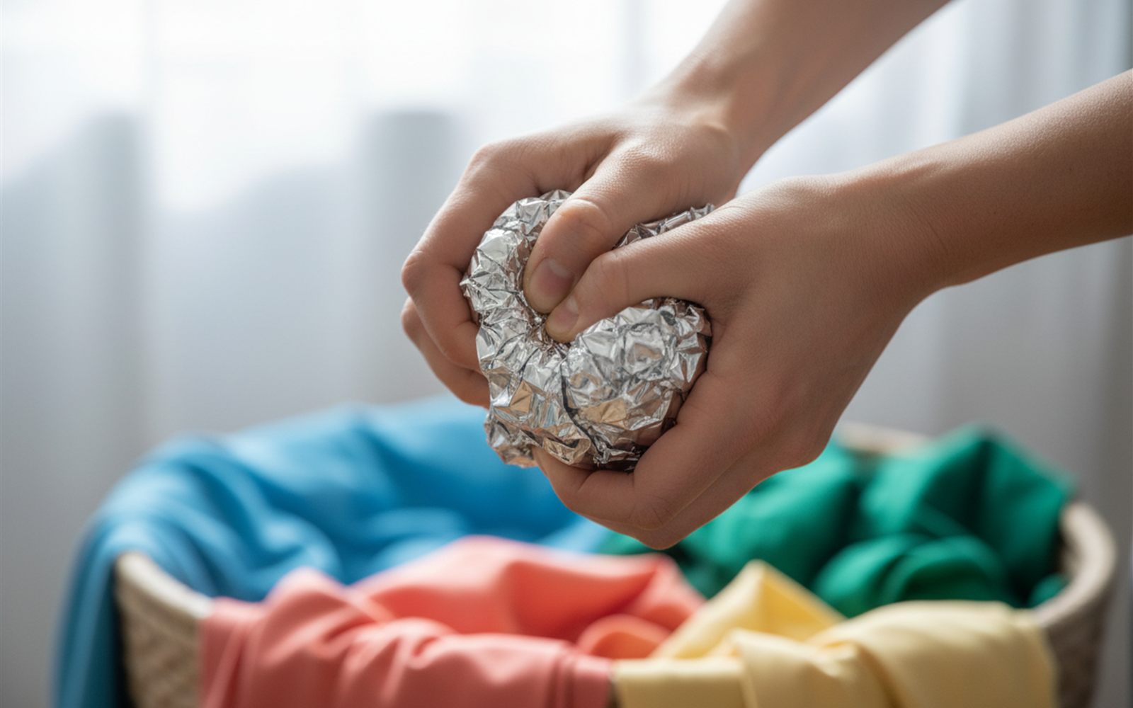 Hands squeezing crumpled aluminum foil into a tight shiny ball over a basket of laundry