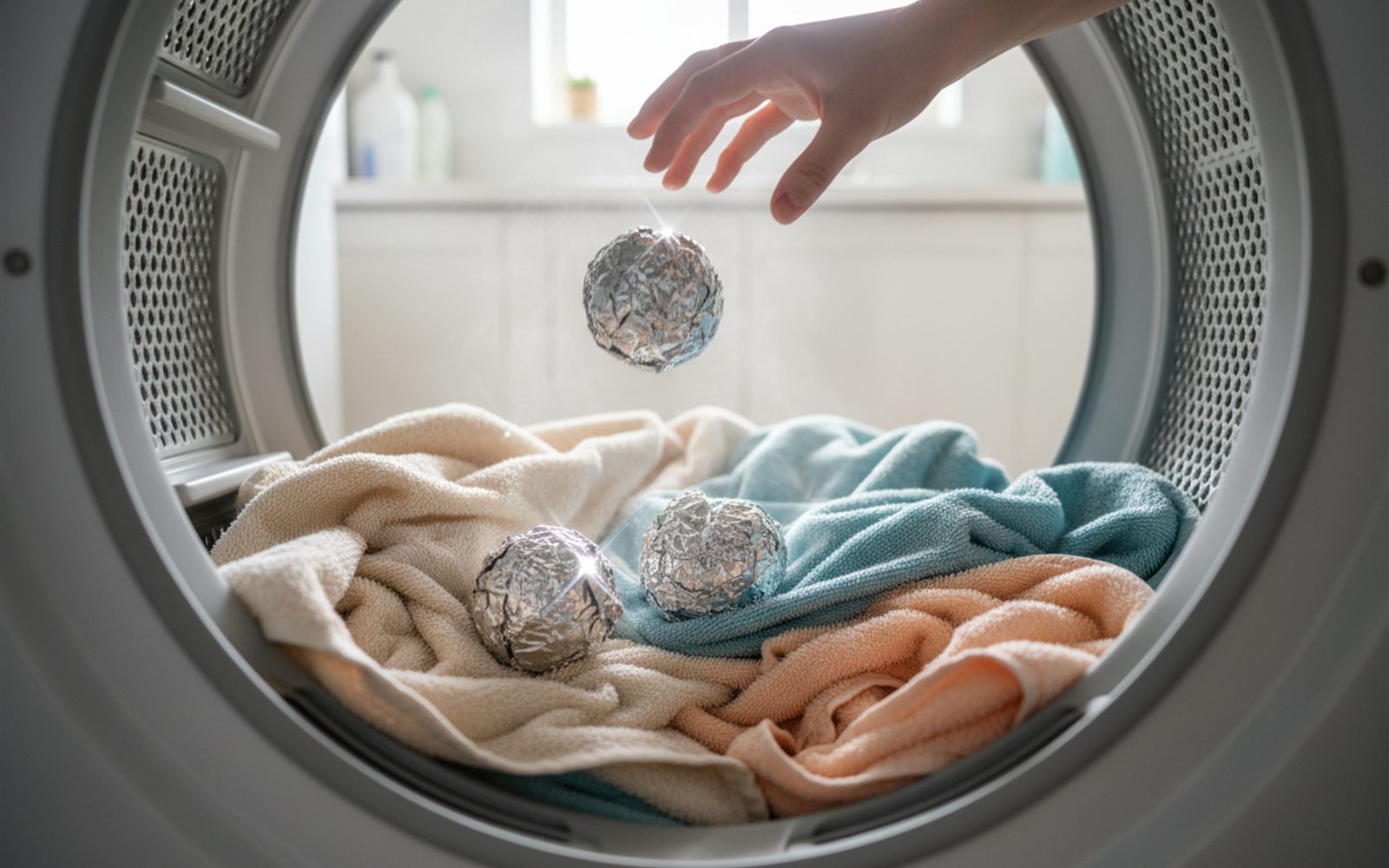 Shiny crumpled foil balls tumbling among fresh towels inside a dryer drum.