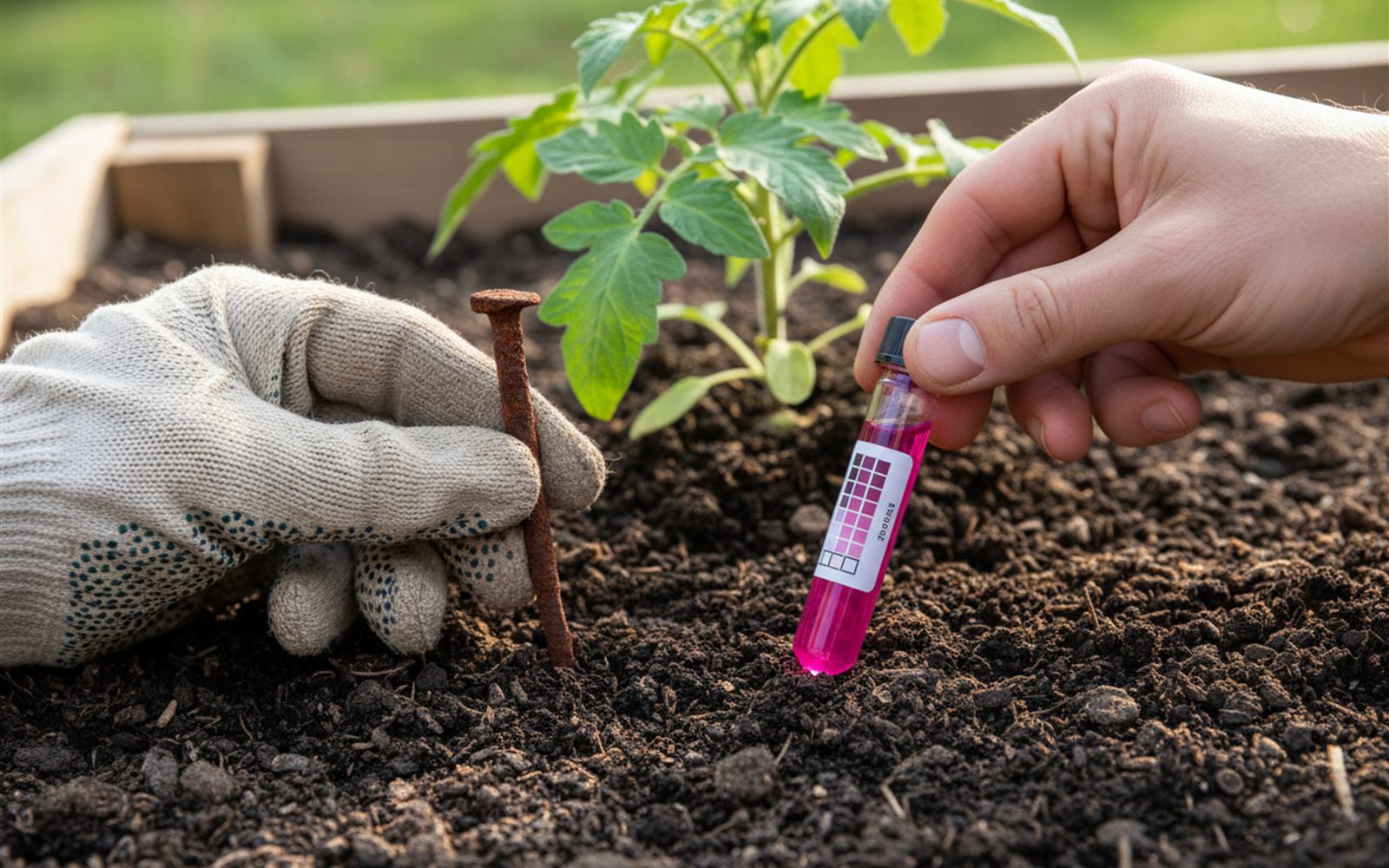 Gloved hands holding a rusty nail next to a soil test vial turning color, where the little kit is doing the real diagnosis.