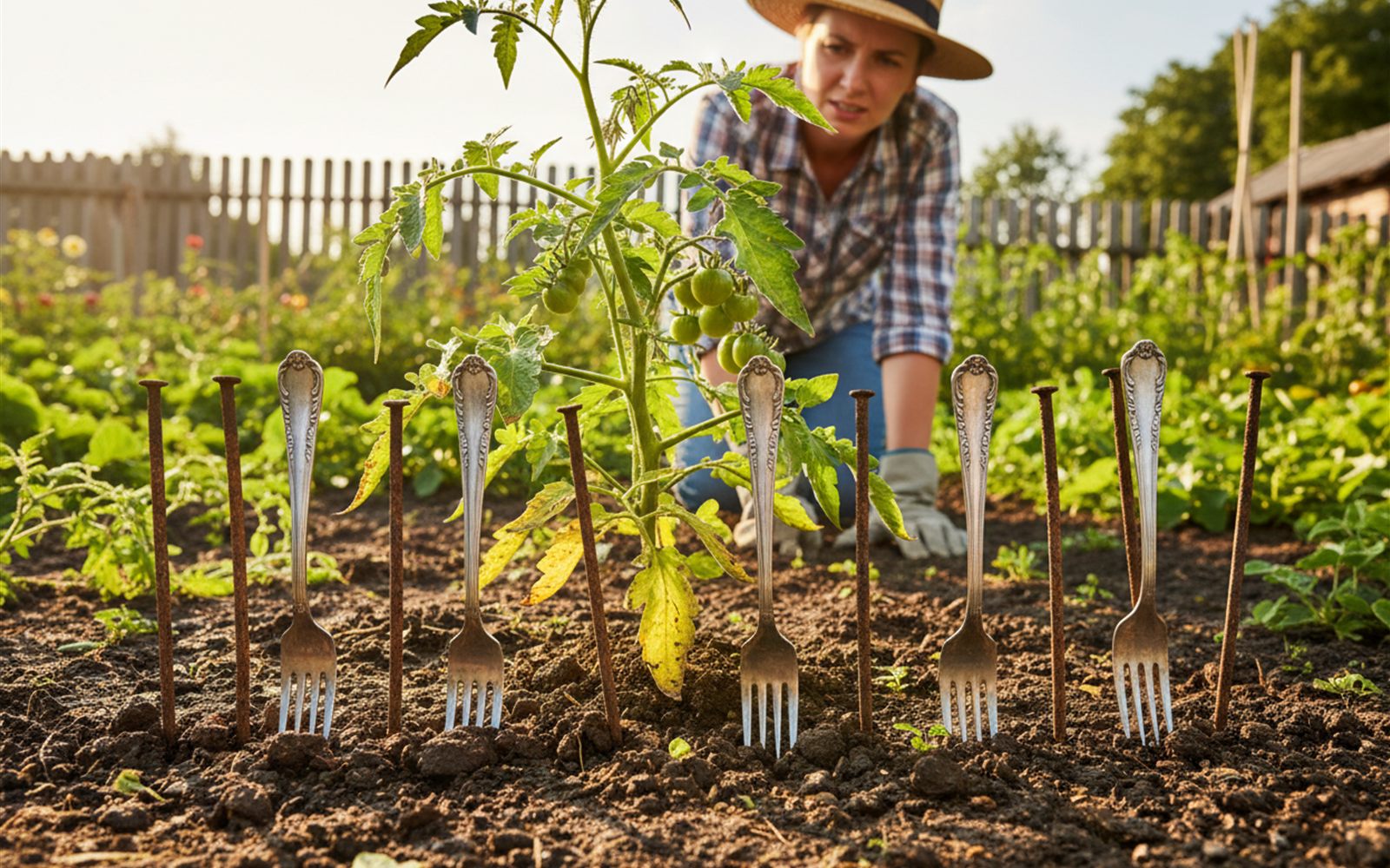 A gardener inspecting a tomato bed where old forks stand upright in the soil, doing very little.