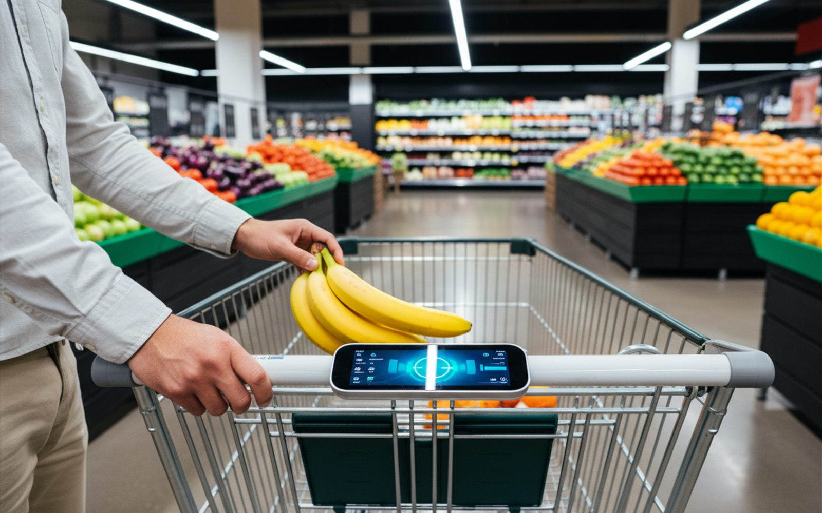 A shopper sets bananas into a smart cart basket as the handle screen weighs them and clips a coupon with one tap