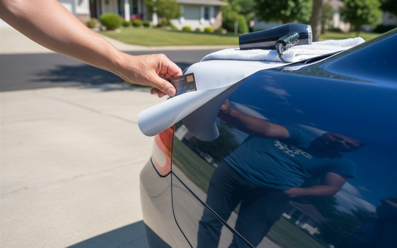 A plastic card lifts a warmed bumper sticker off car paint in one unbroken sheet