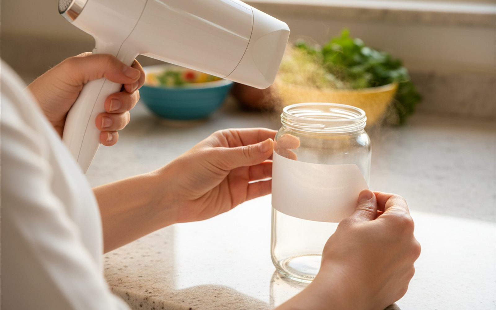 A hair dryer warms a stubborn jar label as one corner peels away cleanly with no scraping.