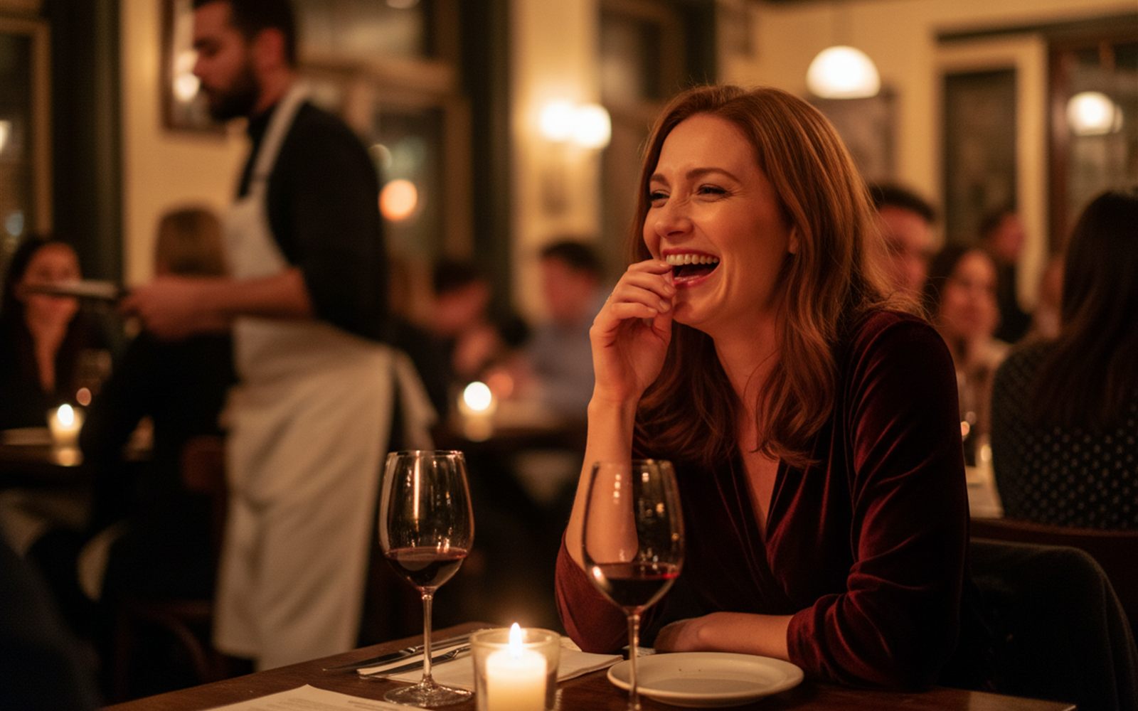 A woman mid sentence across a crowded dinner table, seen from the listener's seat, the busy room behind her softened