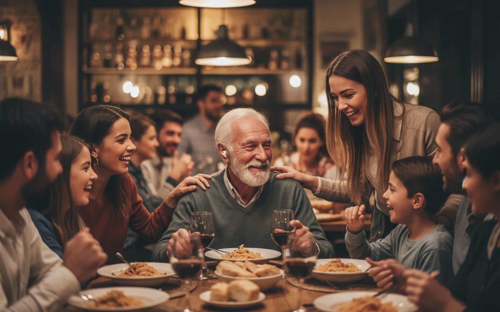 An older man laughs across a noisy restaurant table, following the conversation easily with ordinary white earbuds in.