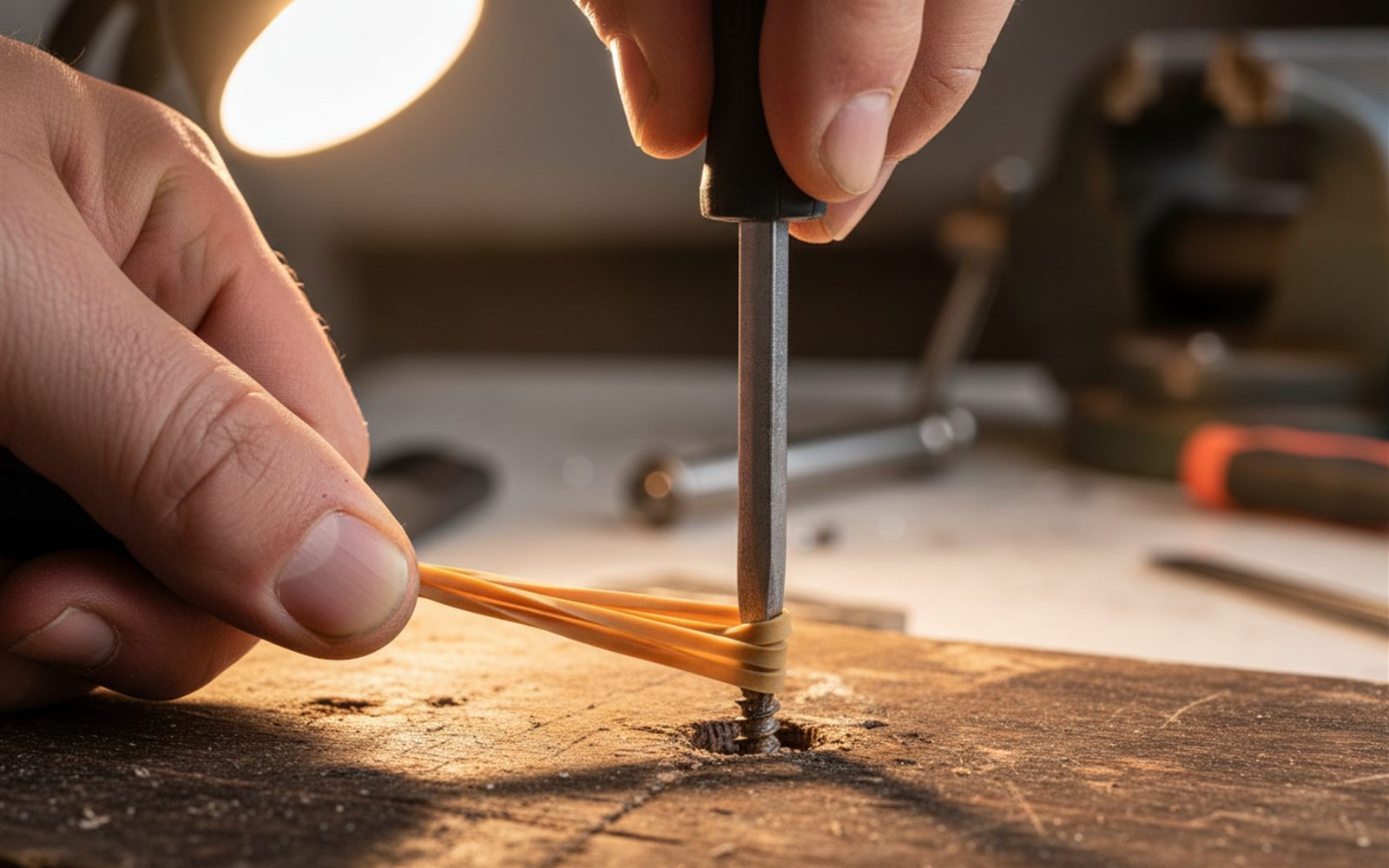 A wide rubber band pressed between a screwdriver and a worn screw head.