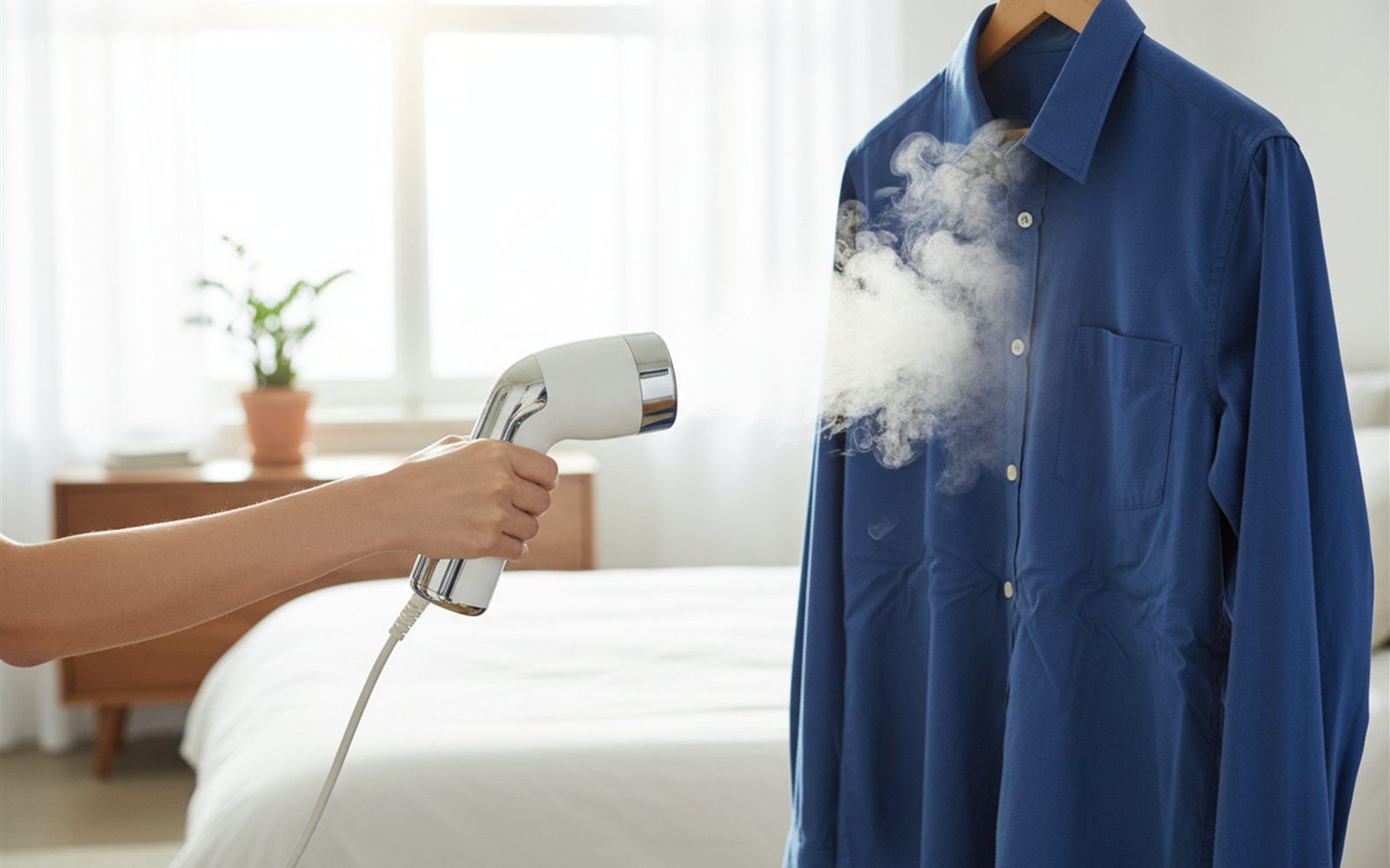 Steam curling off a handheld steamer as it glides down a hanging shirt, with the wrinkles visibly falling out below it.