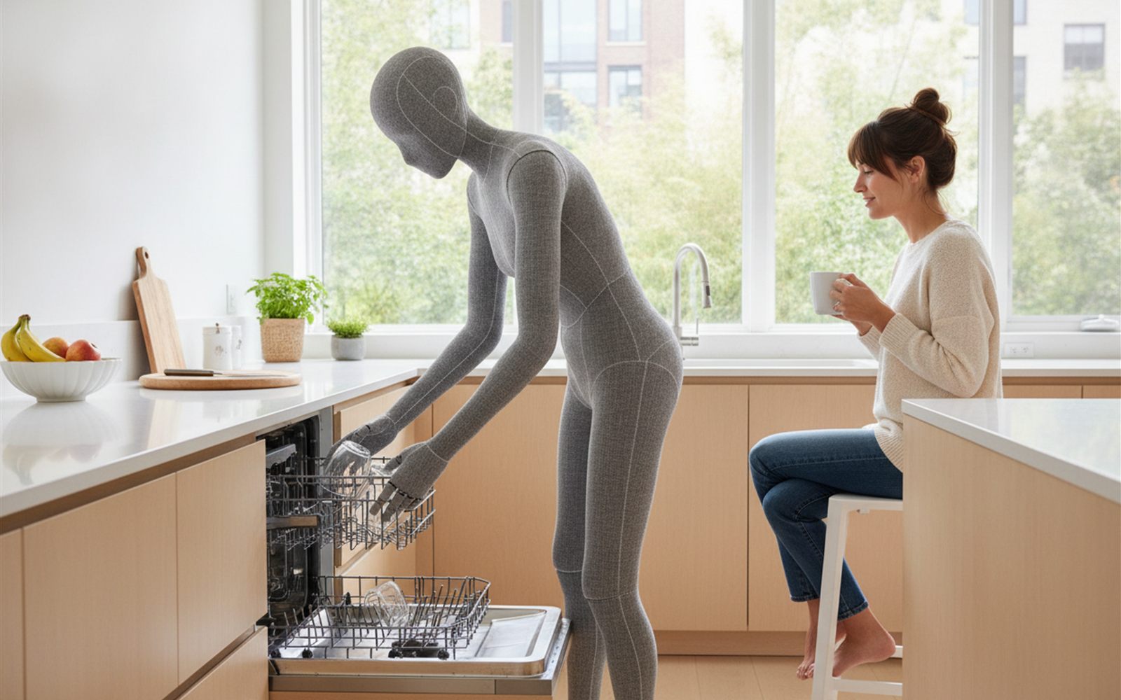 A humanoid robot lifts a glass out of a sink and sets it in the dishwasher while a person watches from a kitchen stool