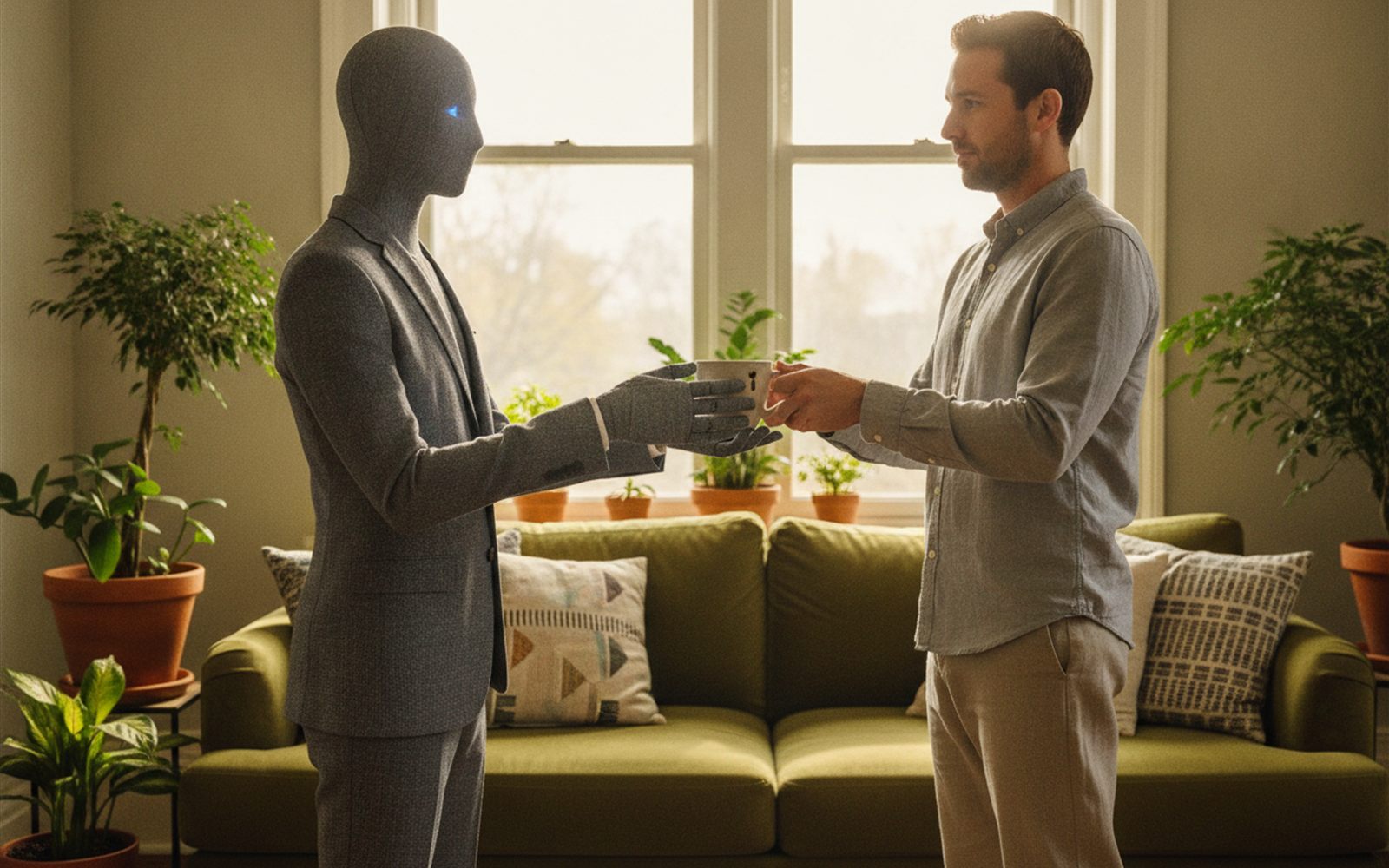 A person hands a coffee mug to a humanoid robot standing at counter height in a bright living room