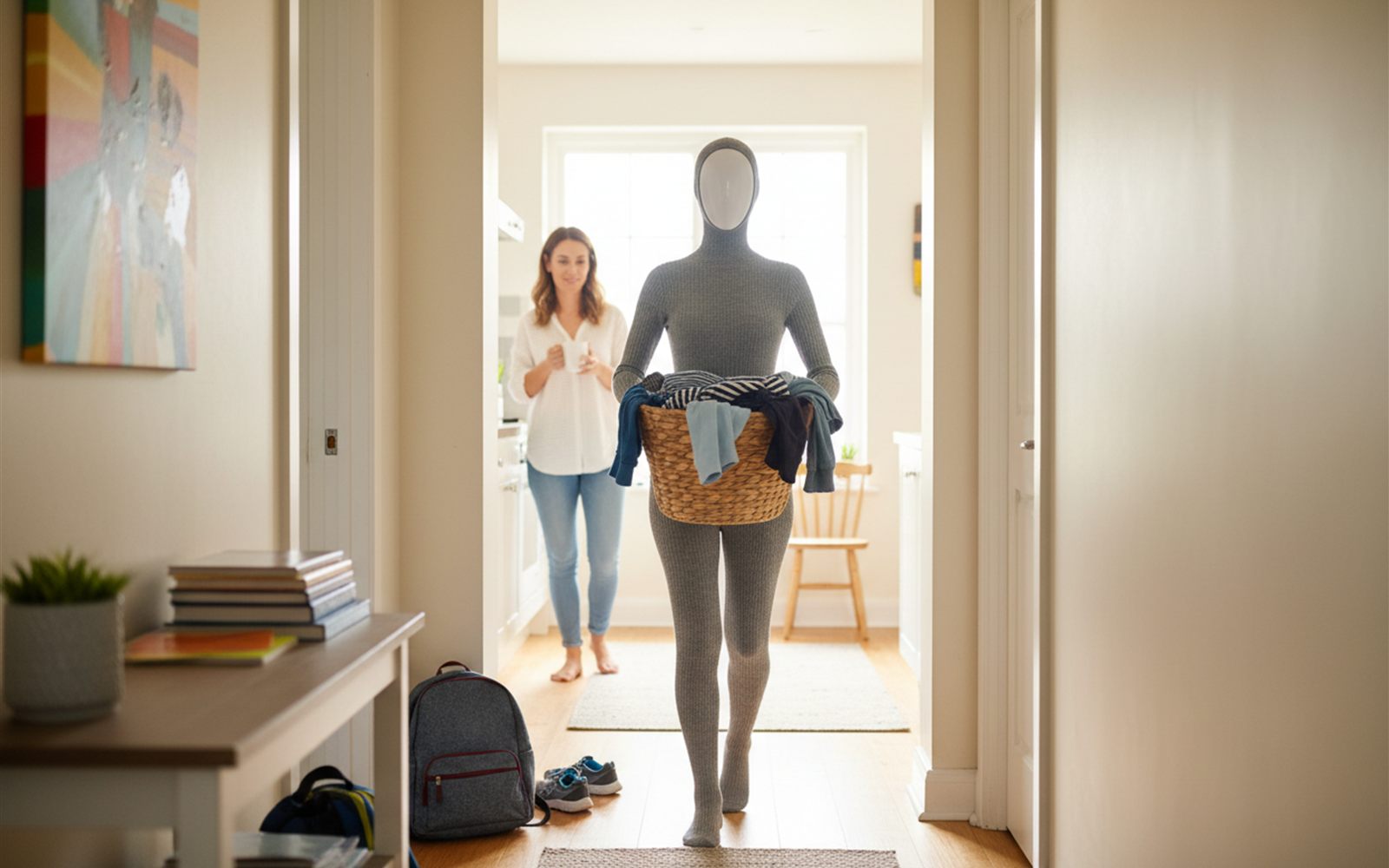 A slim humanoid robot carries a laundry basket down a hallway while a woman watches from the kitchen doorway.