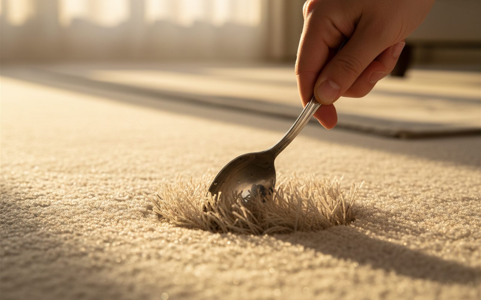 Fingertips fluff damp carpet fibers upright with the edge of a spoon as a couch leg dent disappears