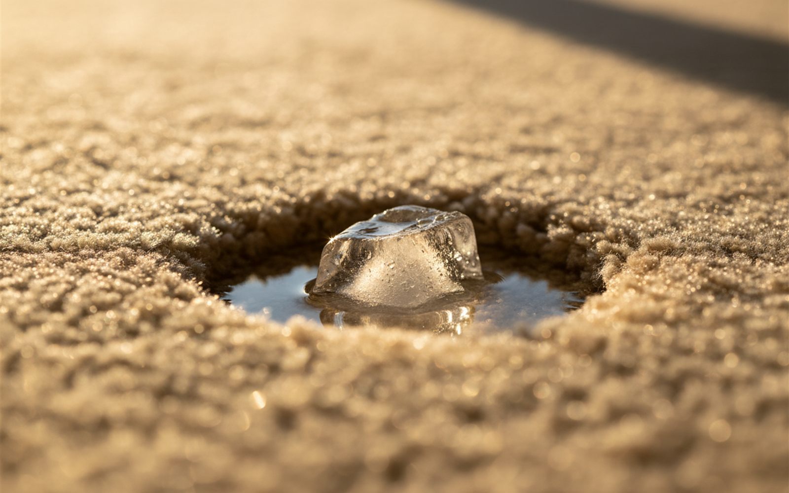 A single ice cube melts inside a carpet dent while the flattened fibers around it begin to rise.