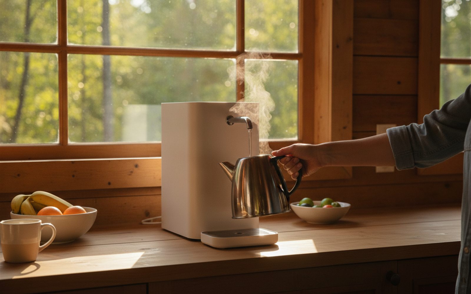 Someone fills a coffee kettle from a countertop water maker in a sunlit cabin kitchen with no plumbing in sight