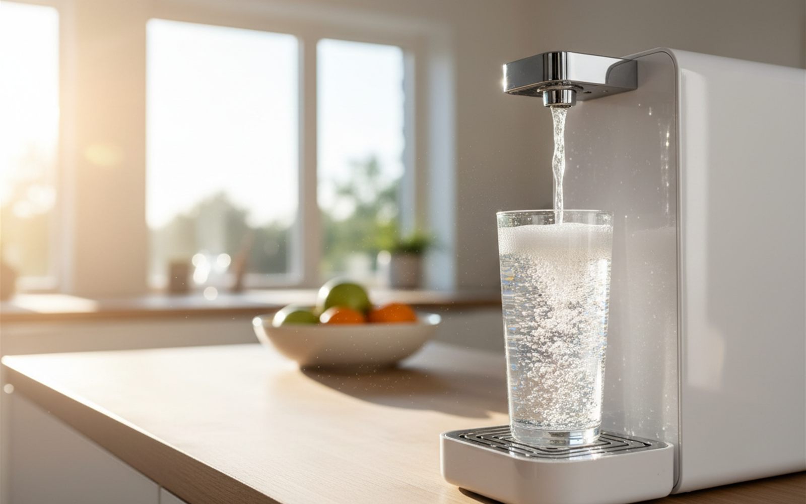 A glass fills with clear water from a sleek countertop machine with no faucet in sight.
