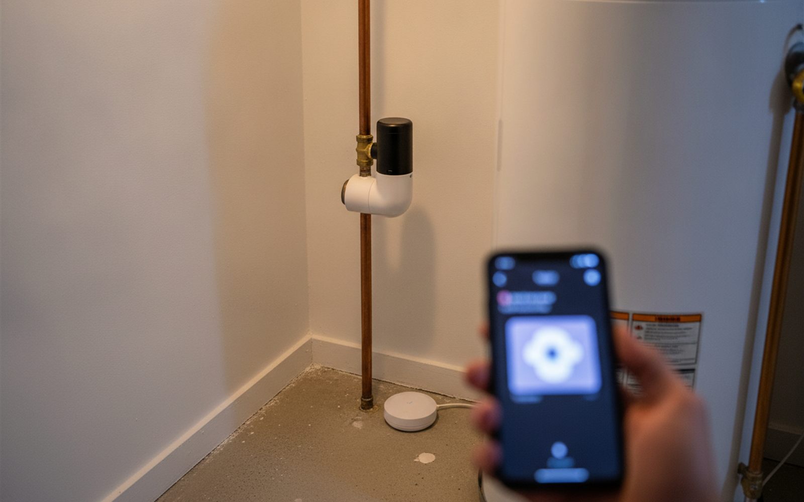 A phone alert about an overnight pressure test glows next to a smart shutoff valve installed on a basement water line