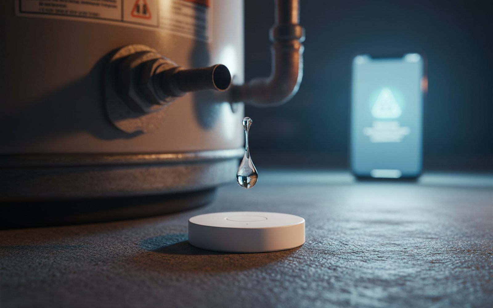 A tiny leak sensor stands guard beside a water heater, ready to sound off at the first drip.