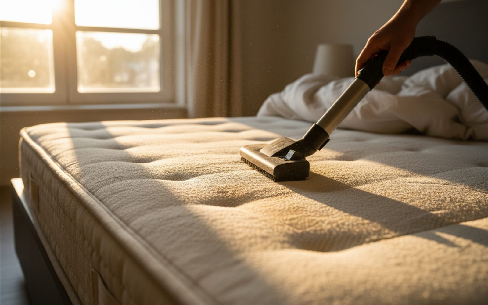 A vacuum upholstery tool pulls up the overnight layer of baking soda in slow overlapping strips