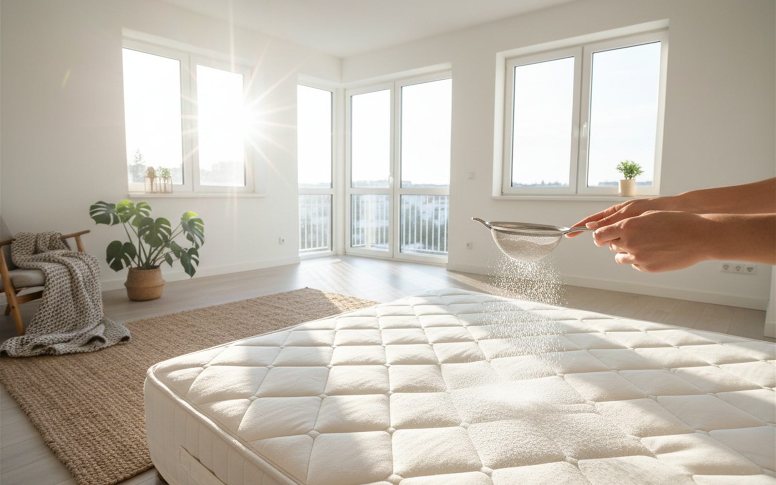 A thin white layer of baking soda works across a bare mattress in a bright bedroom.