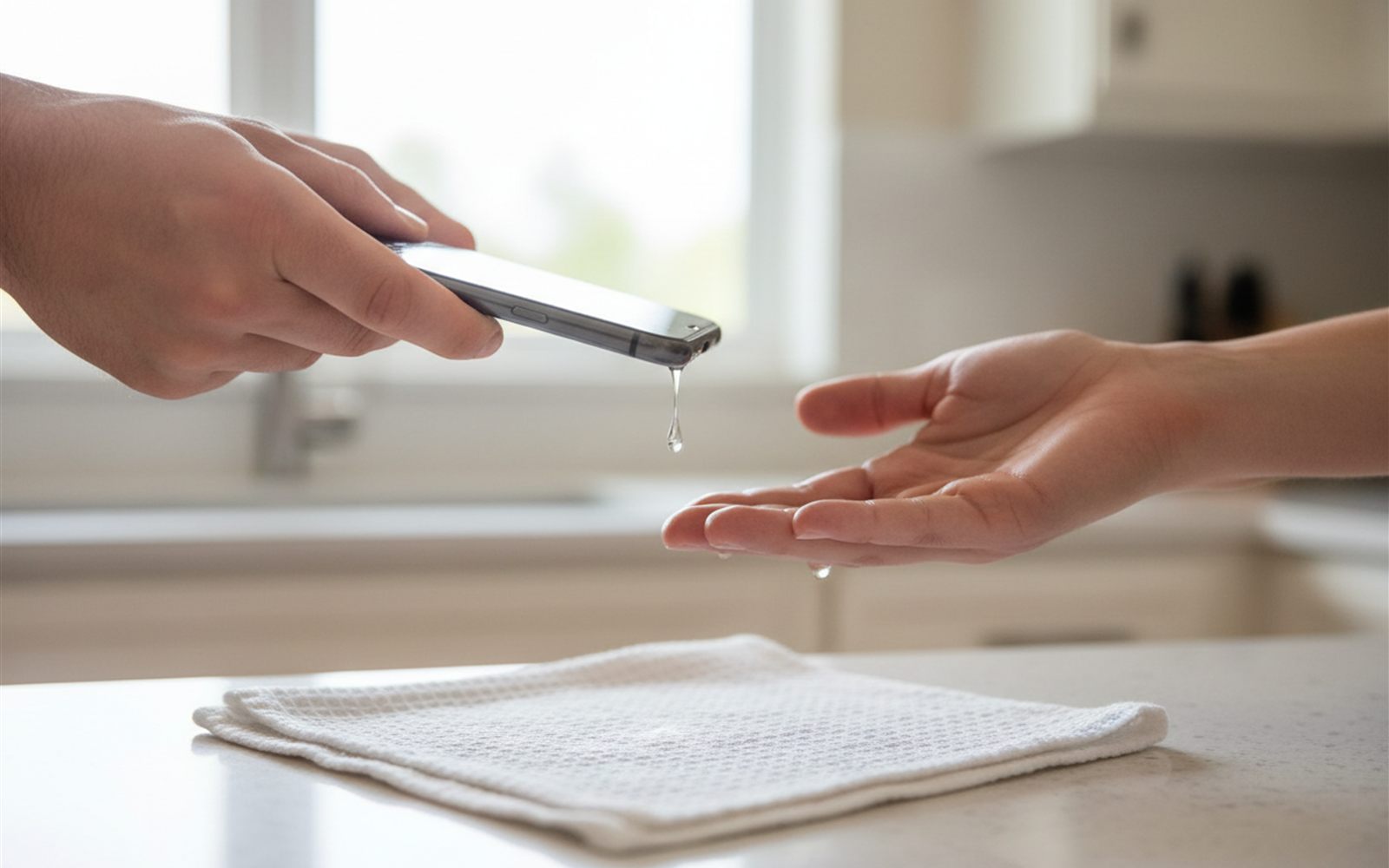 Hands tap a dripping phone gently against a palm with the charging port facing down over a kitchen towel