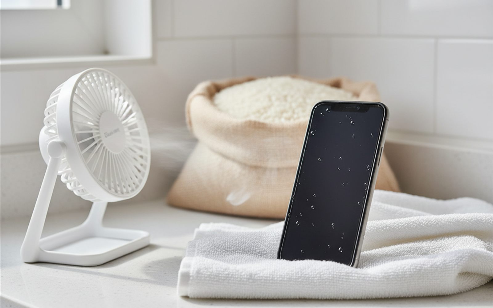 A rescued phone air dries beside a small fan while a bag of rice sits pushed aside.