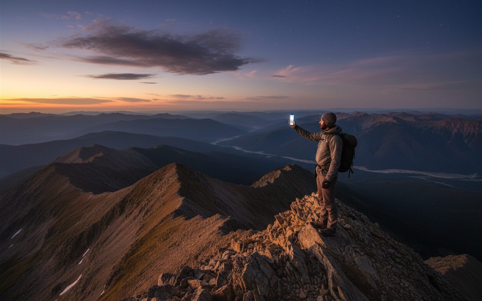 A hiker texts home from a ridge with no towers in sight, phone raised toward open sky.
